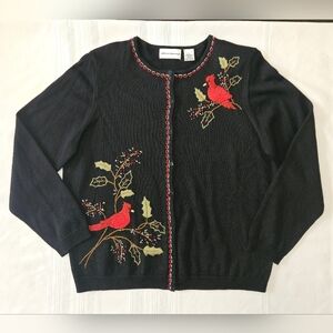 Alfred Dunner Christmas Cardinal Sweater Cardigan Wool Blend Black Large